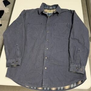 LL Bean Mens Large Flannel Lined Canvas Shirt Jacket Blue Snap Front